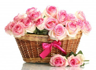 Bouquet of pink roses in basket