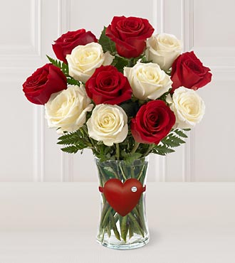 Red/White Heart Vased Roses