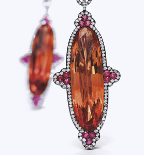 A PAIR OF TOPAZ, RUBY AND DIAMOND EAR PENDANTS