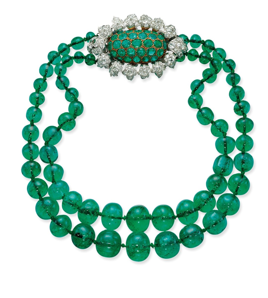 The two strands of thirty-three and thirty-one graduated emerald beads
