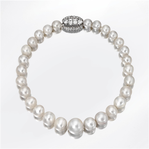 A Single Strand Natural Pearl and Diamond Necklace